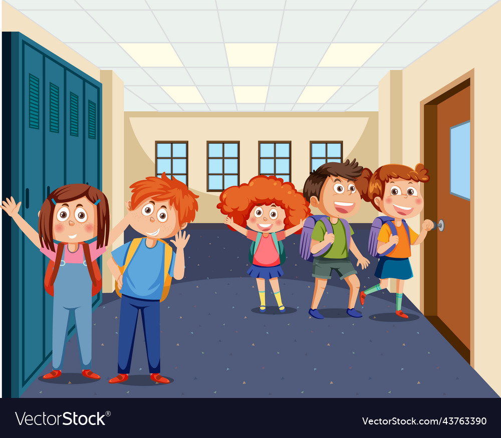 School locker room with student kids Royalty Free Vector