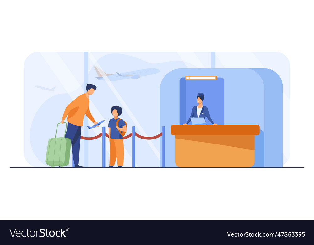 Dad and son standing at counter in airport Vector Image