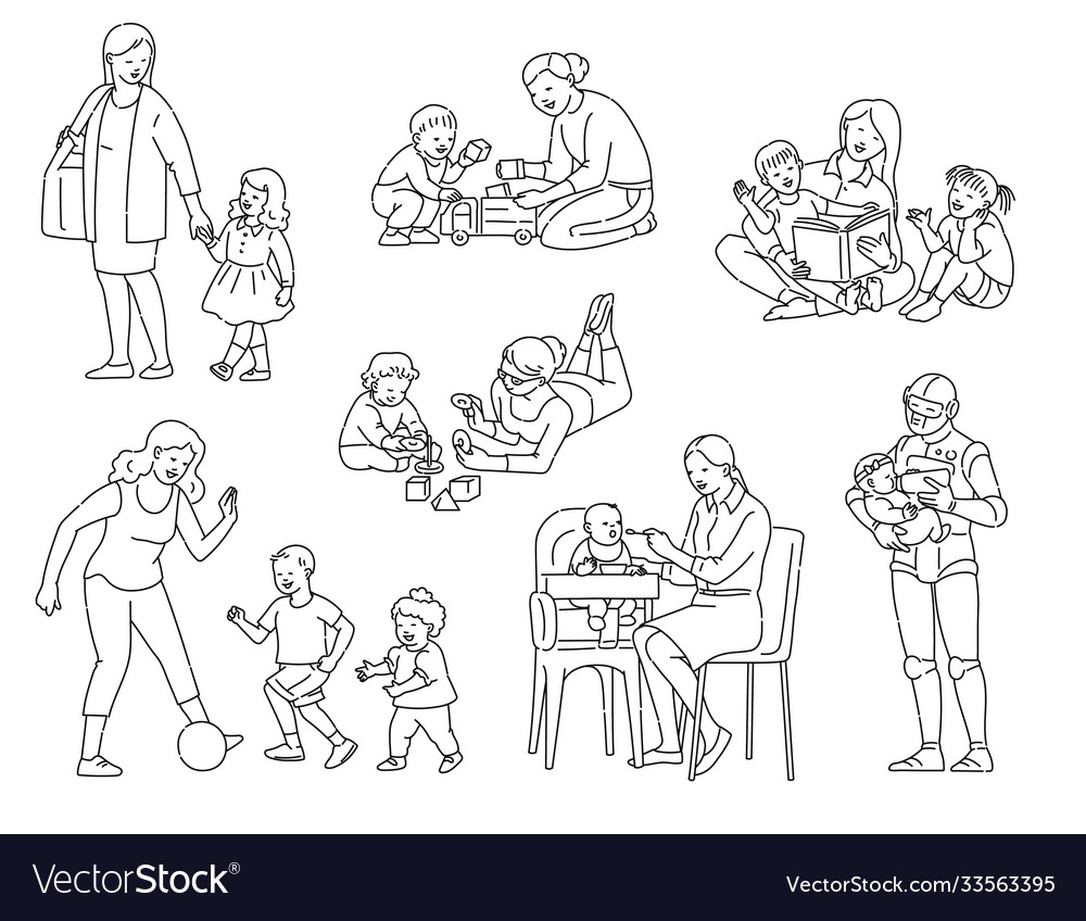 Set nanny and children in black line art Vector Image