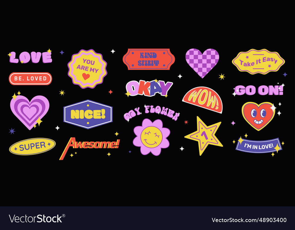 Colorful y2k retro label and sticker set Vector Image