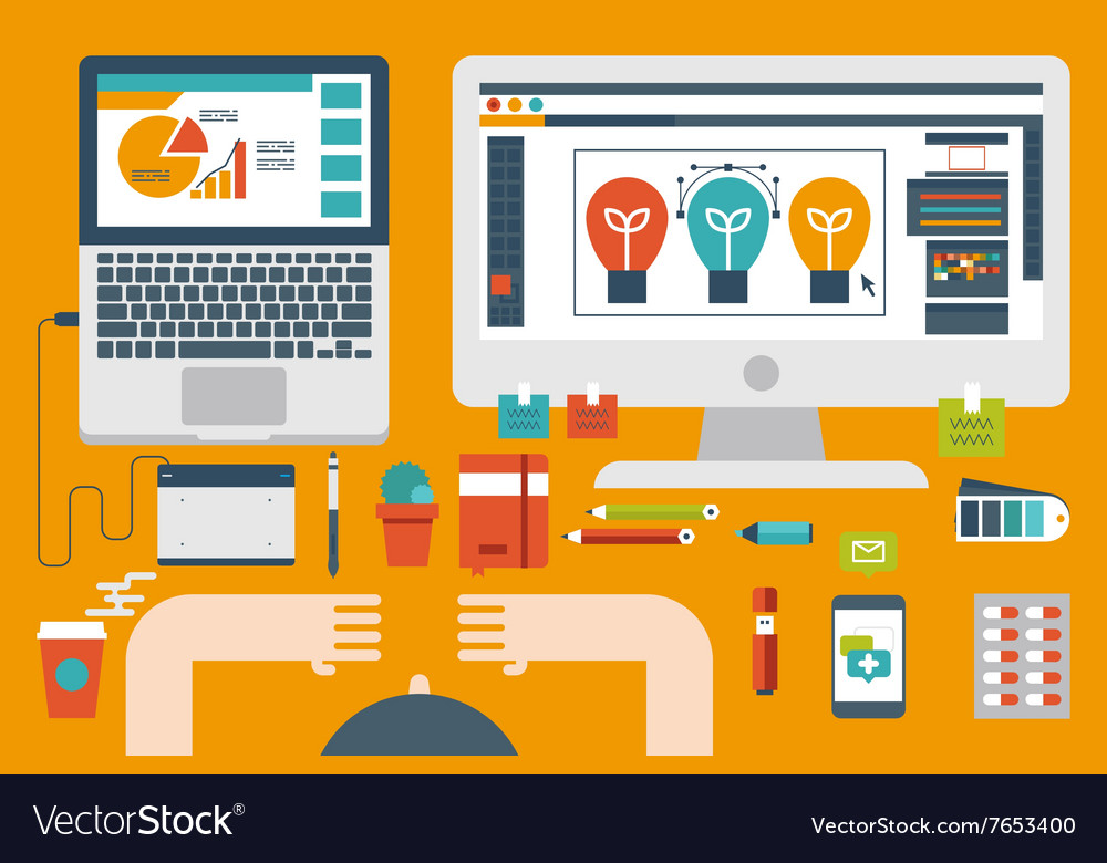 Office desk flat design concept Royalty Free Vector Image