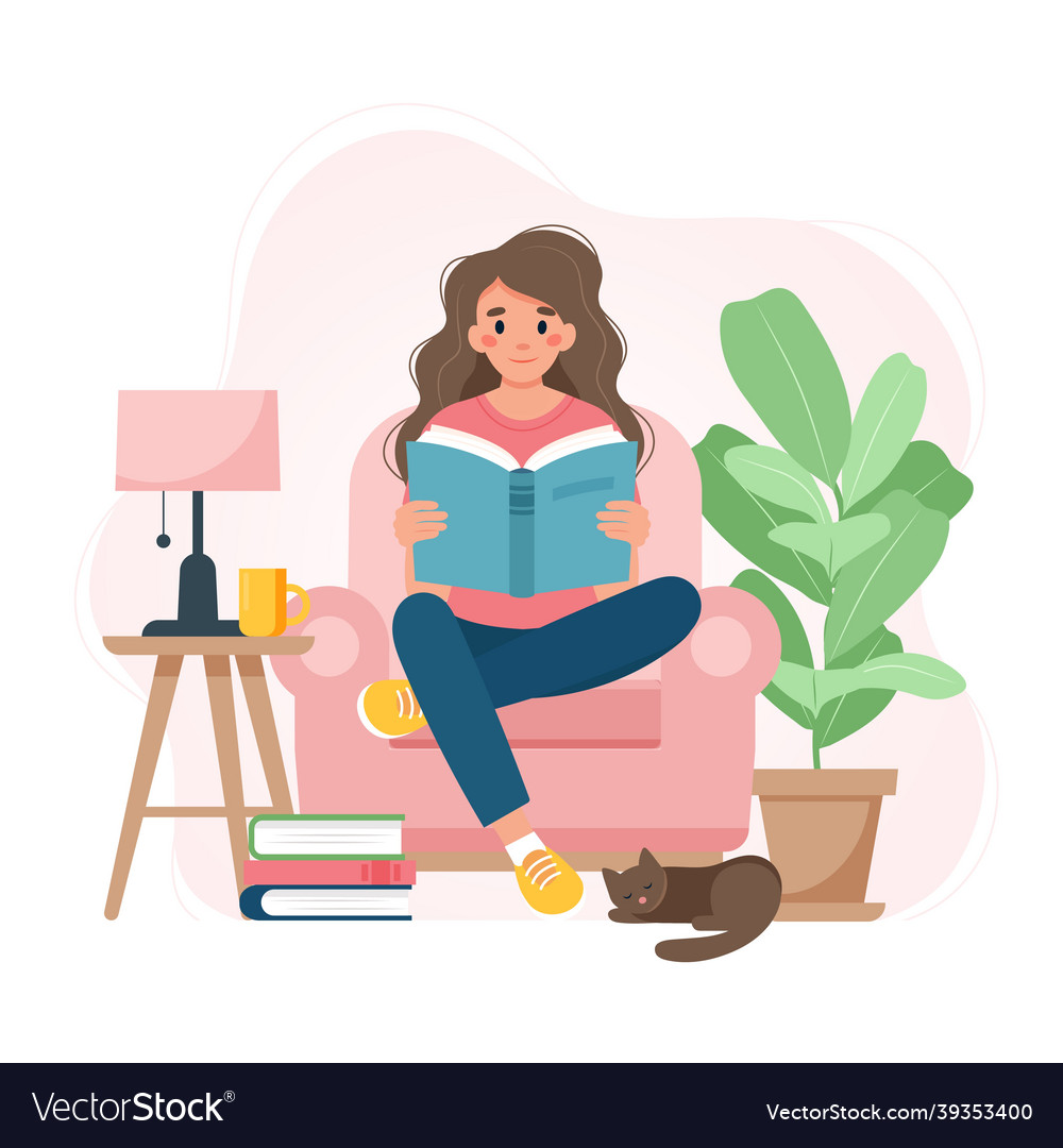 Woman reading a book on a chair relaxing at home Vector Image