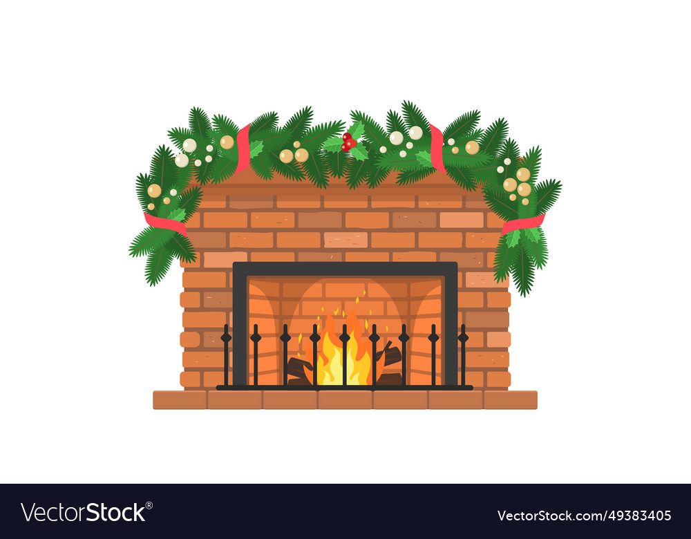 Cute red brick fireplace decorated with christmas