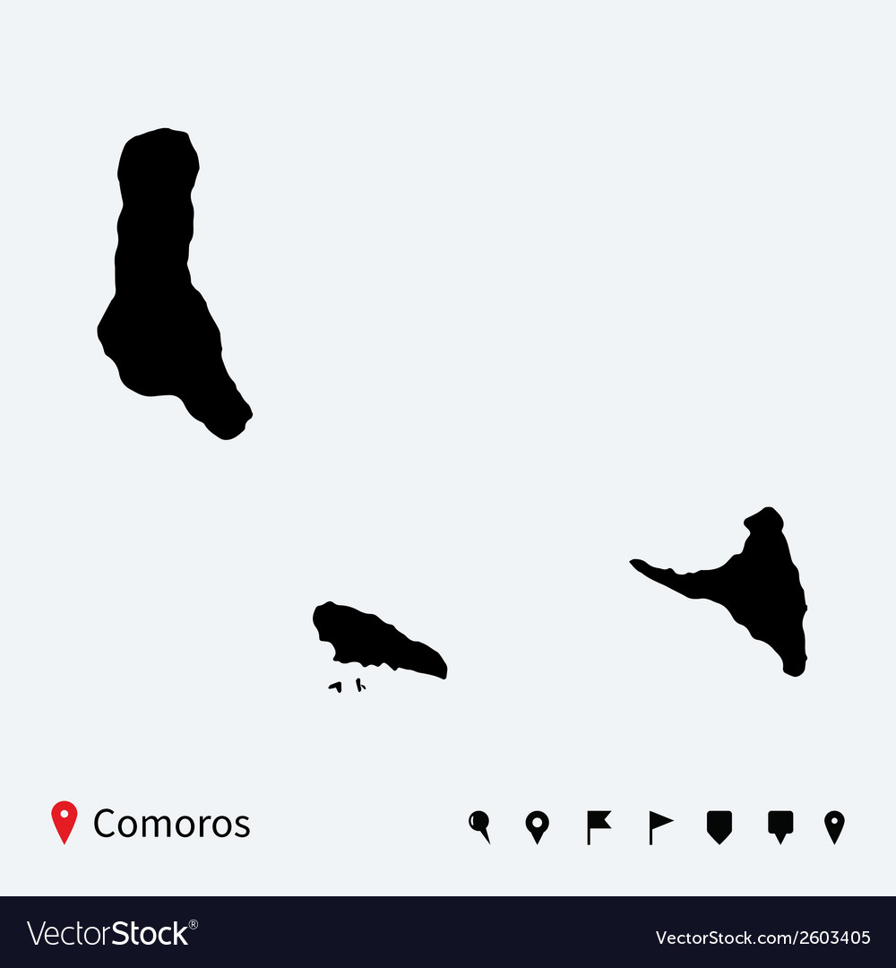 Hohe detaillierte Karte von Komoren mit Navigationspins