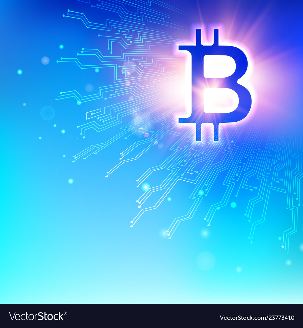 Abstract blue background with shining bitcoin