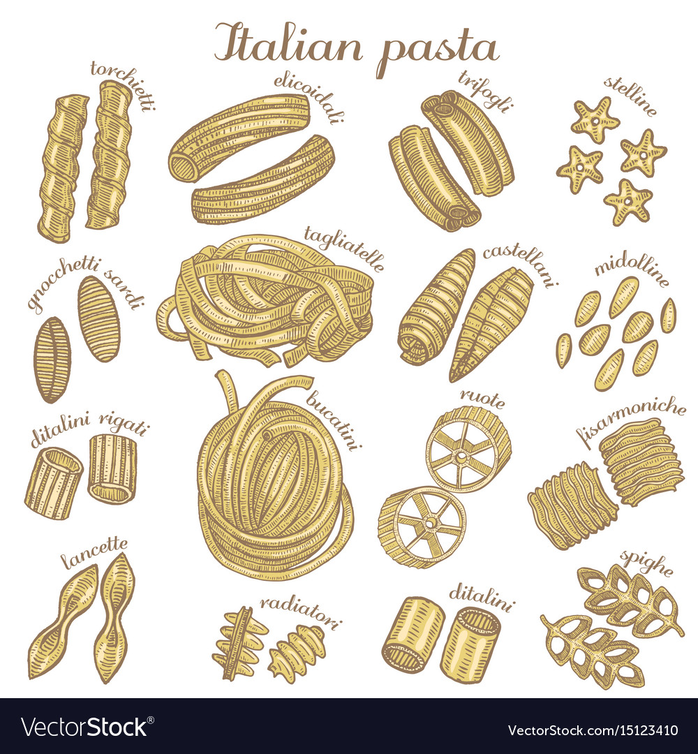 Colored set of different pasta shapes Royalty Free Vector