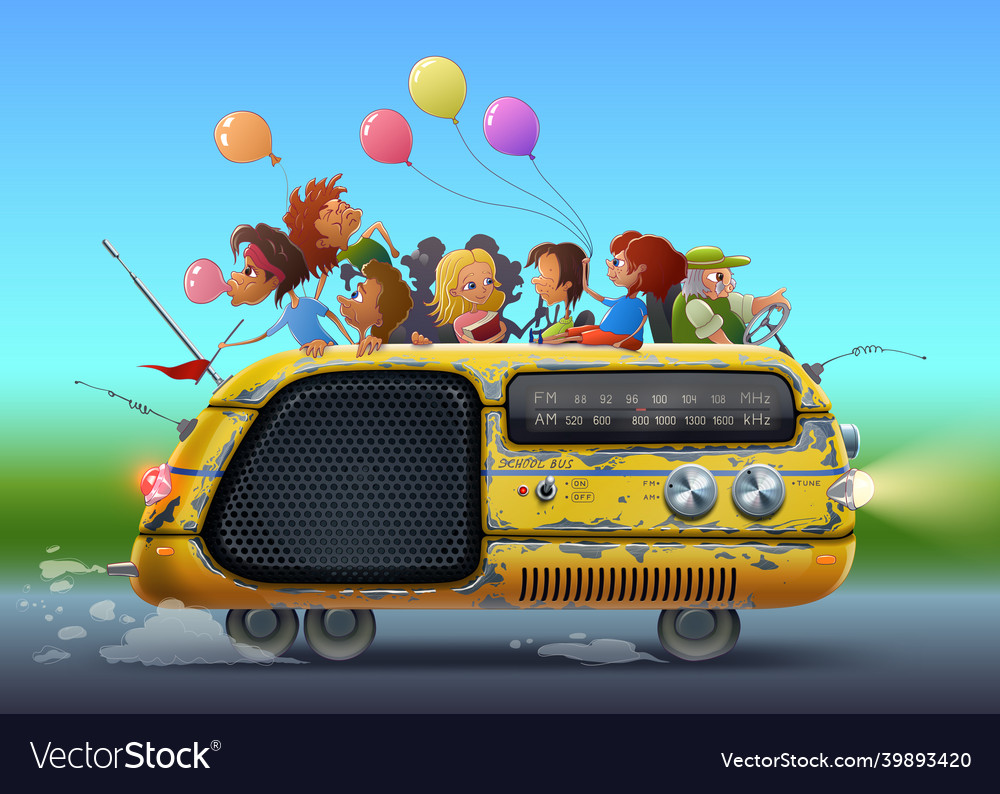 Back to school with kids in yellow bus as radio Vector Image