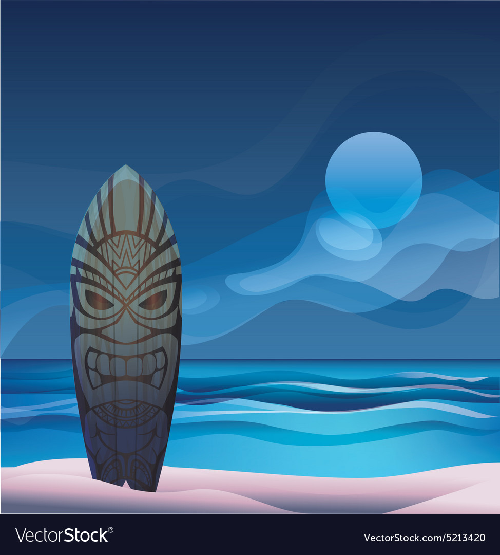 Tiki Krieger Maske Holz Surfboard Meer Strand Nacht