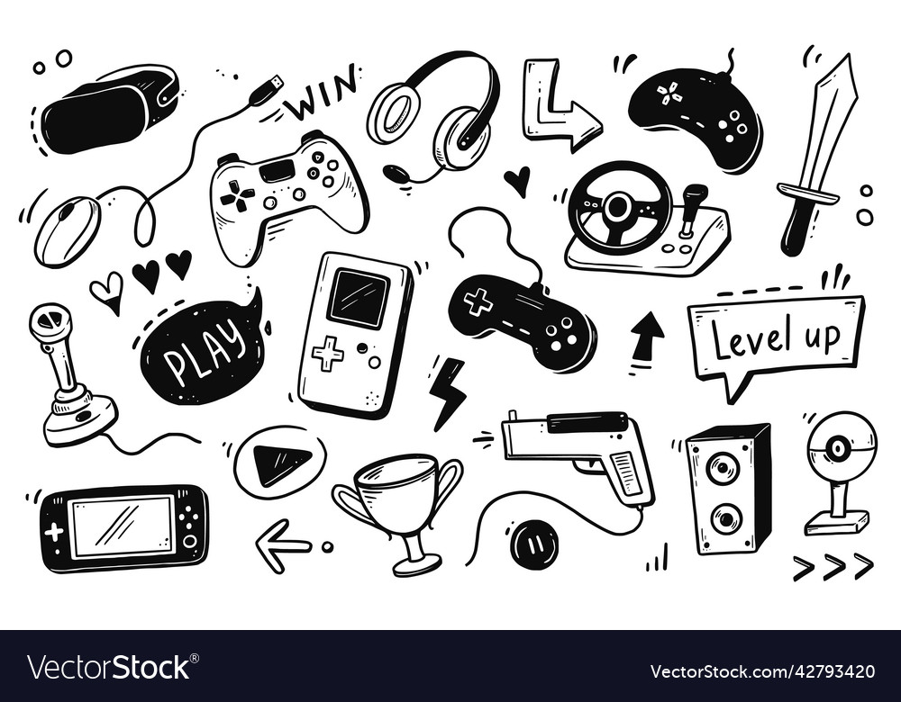 Set of doodle vector icons related to computer games. Joysticks