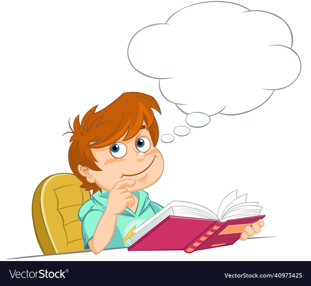 Cartoon thinking boy with book