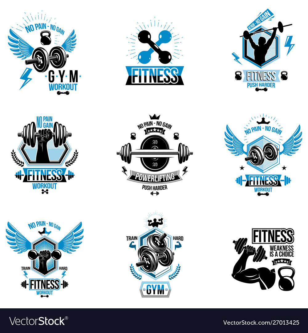 Set bodybuilding theme emblems and advertising Vector Image