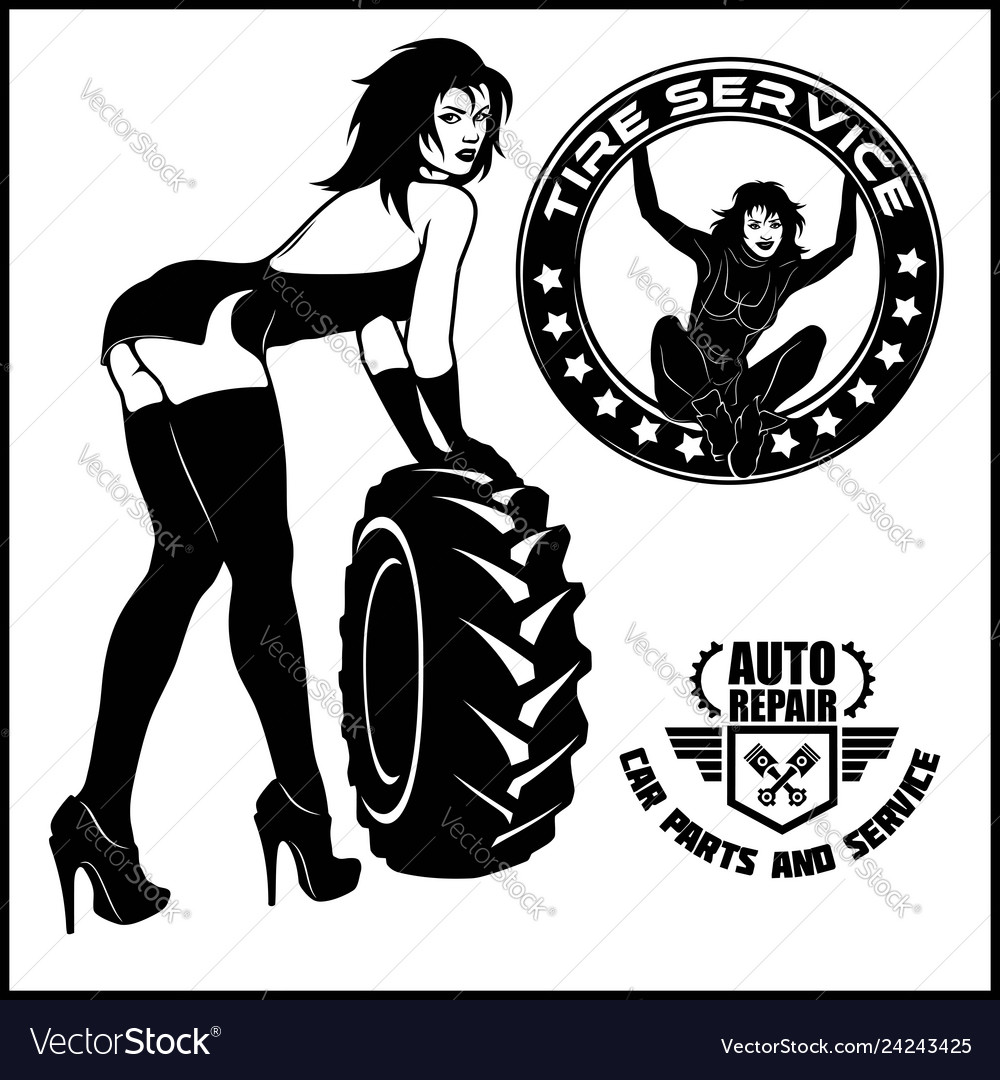 Women mechanic cartoon character tire fitting Vector Image Women mechanic cartoon character tire fitting Vector Image
