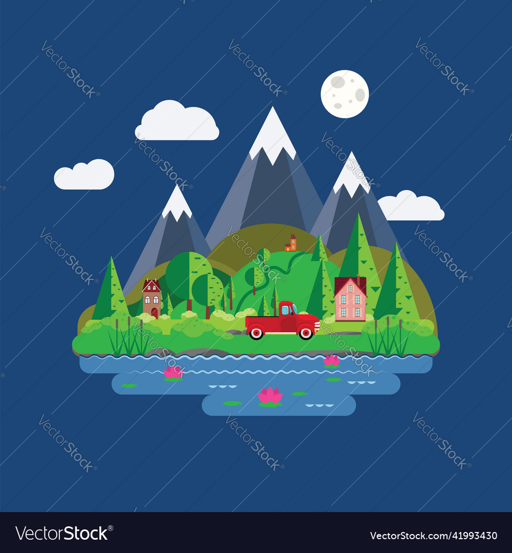 Green hills near mountains and houses flat Vector Image