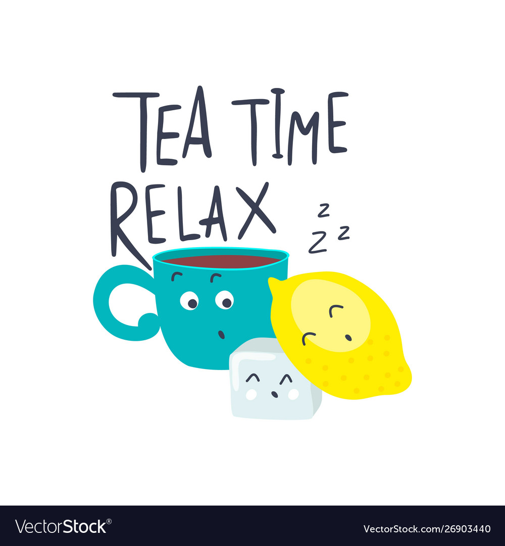 Funny cartoon tea cup face with lemon and cube Vector Image Funny cartoon tea cup face with lemon and cube Vector Image