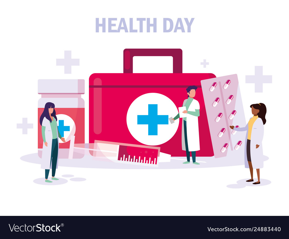 World health day card with doctors group and icons