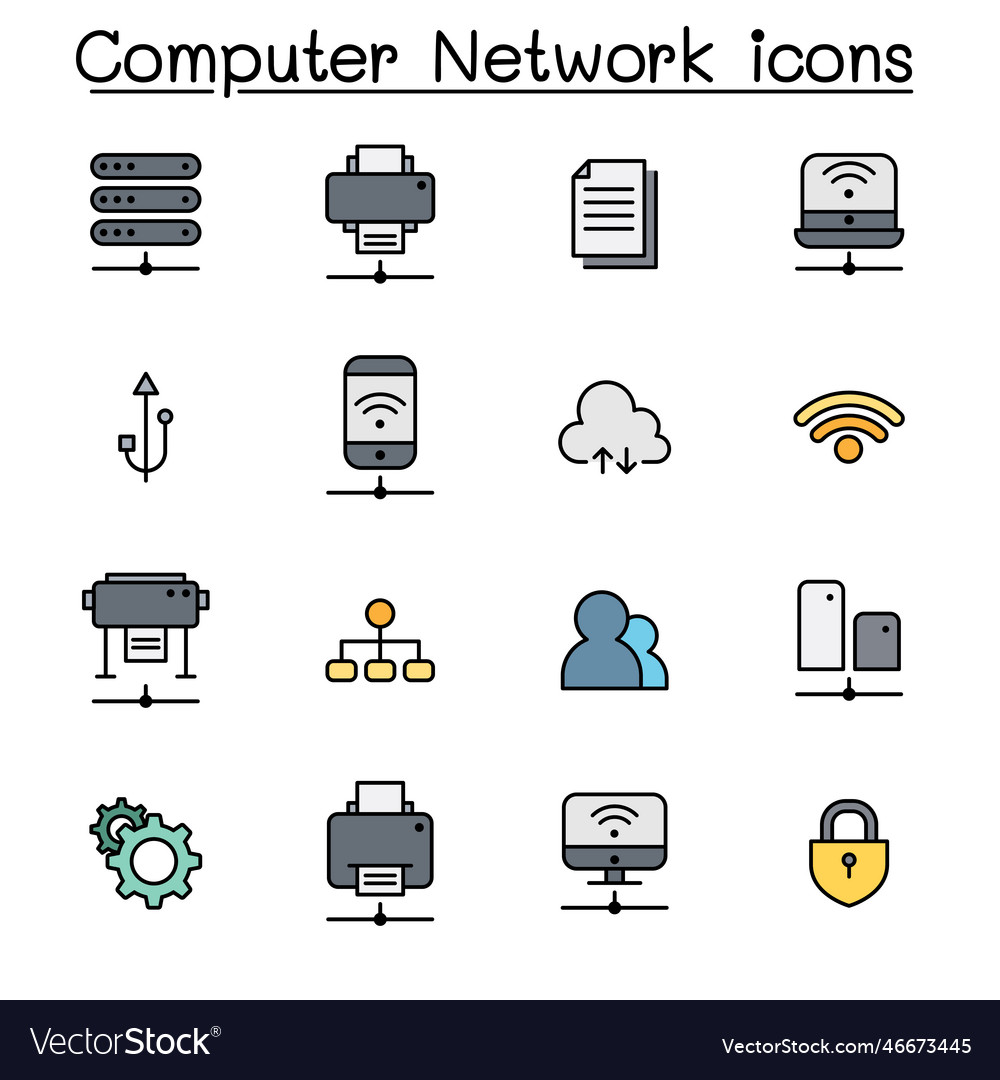 Computer network color line icon set Royalty Free Vector