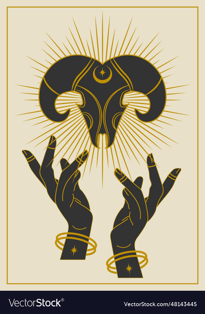 Hands holding horned skull with heavenly elements Vector Image