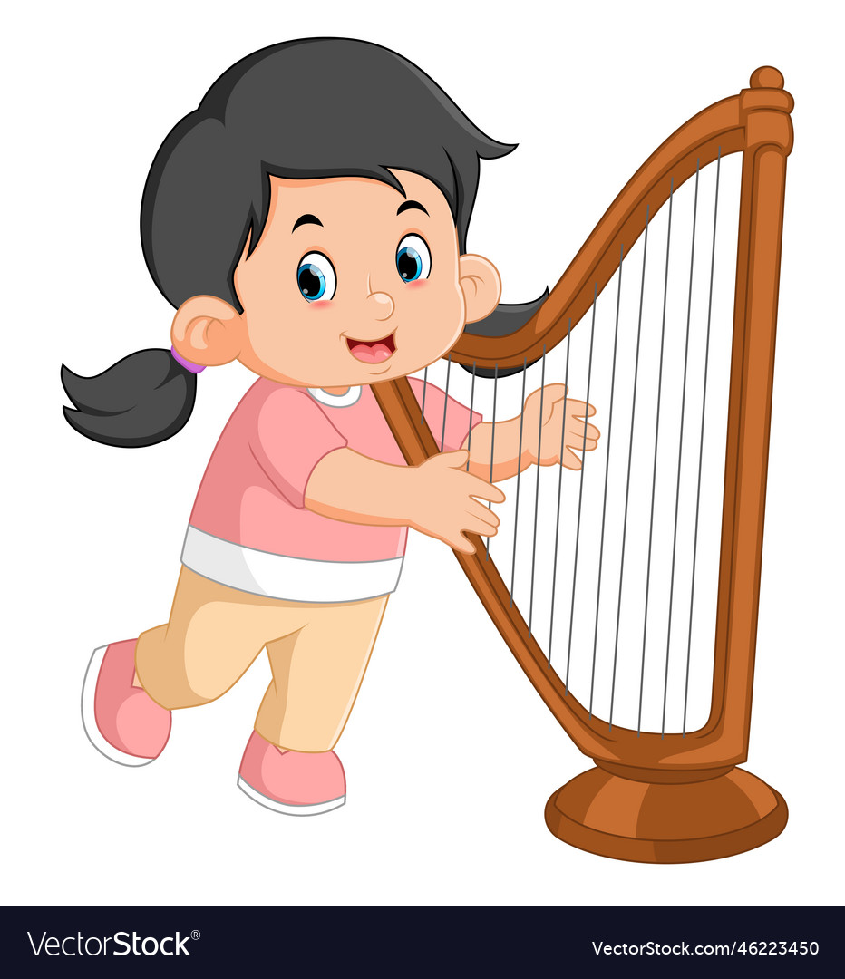 A cute and funny girl is learning the harp