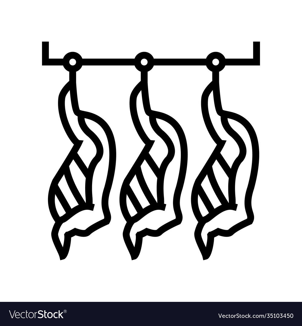 Cut animal carcasses hang in warehouse line icon