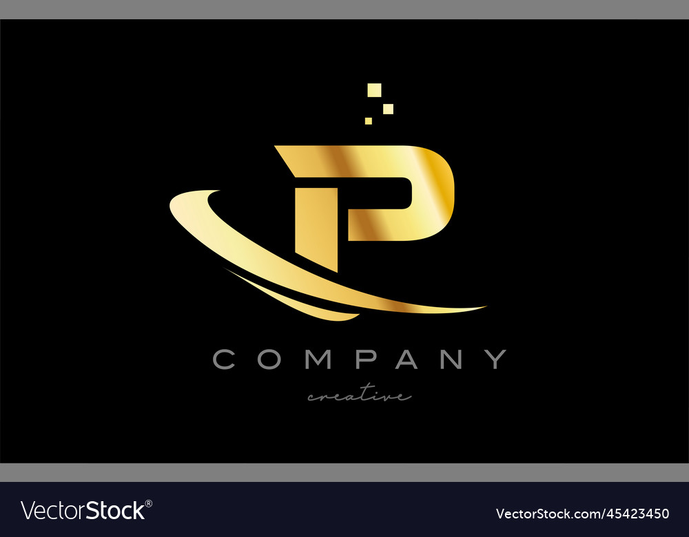 Gold golden swoosh p alphabet letter logo icon Vector Image