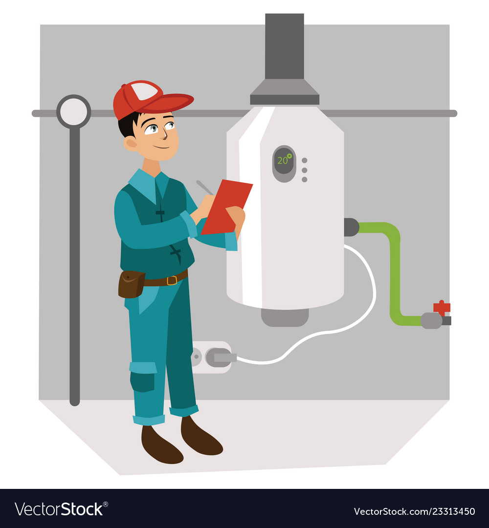 Inspector with checklist examines heating system Vector Image