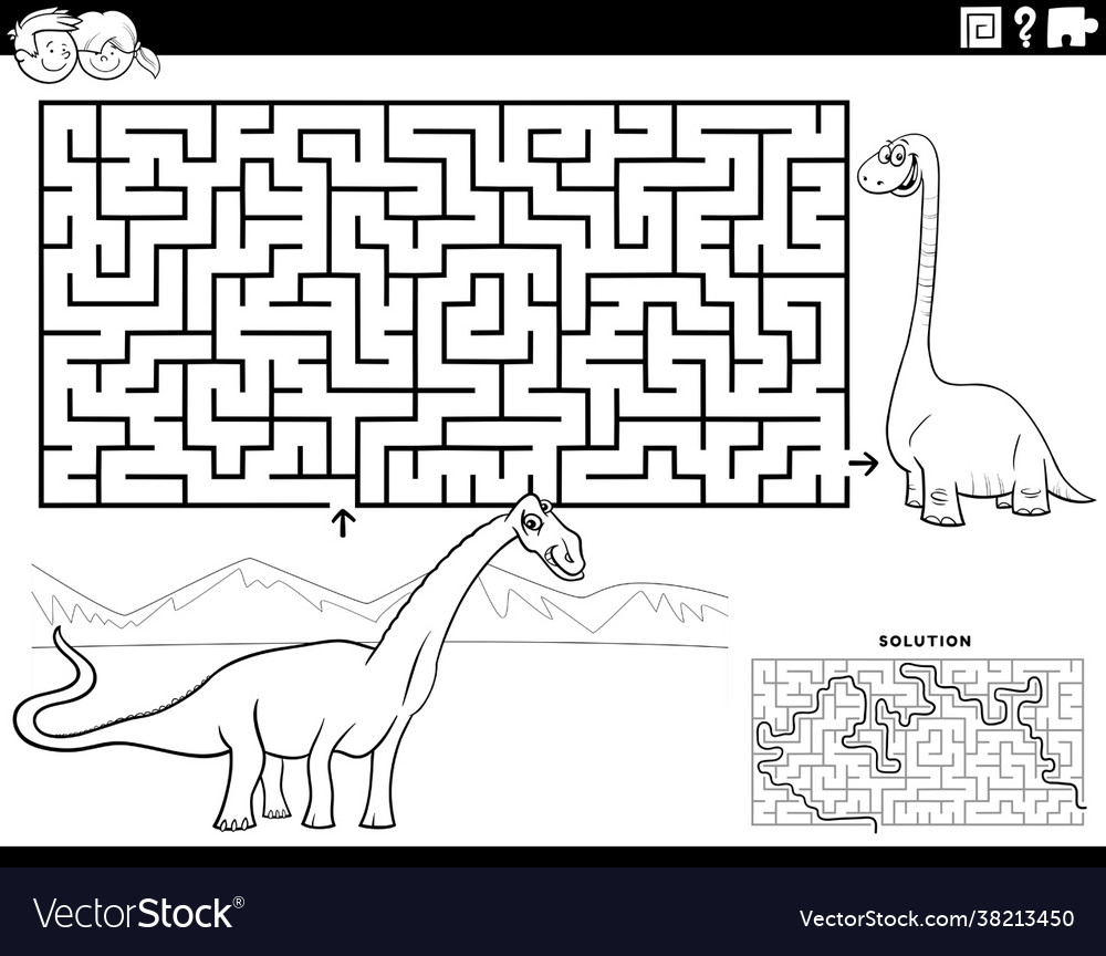 Maze game with cartoon dinosaurus coloring book Vector Image