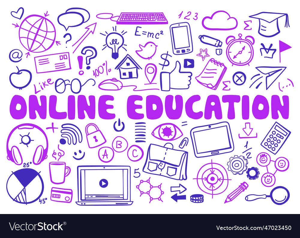 Set of online education icons in doodle style