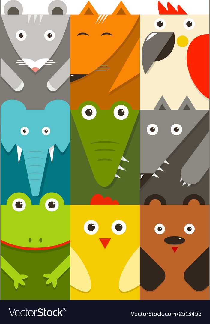 Flat Childish Rectangular Animals Set Royalty Free Vector