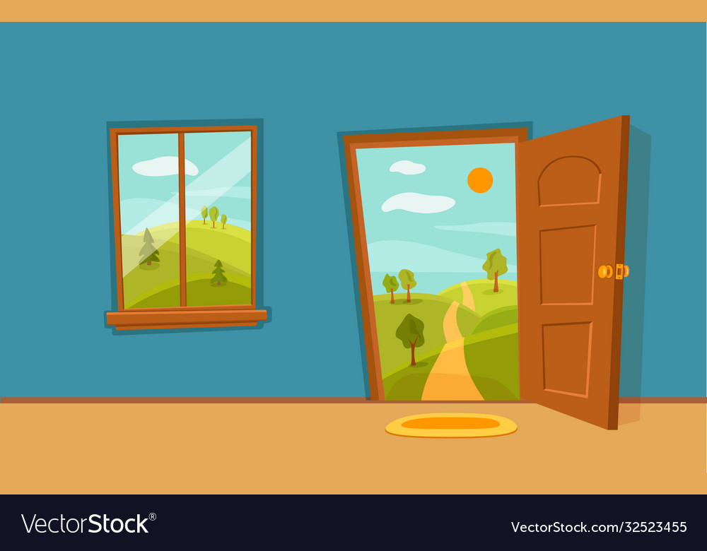 Open door and window cartoon colorful Royalty Free Vector