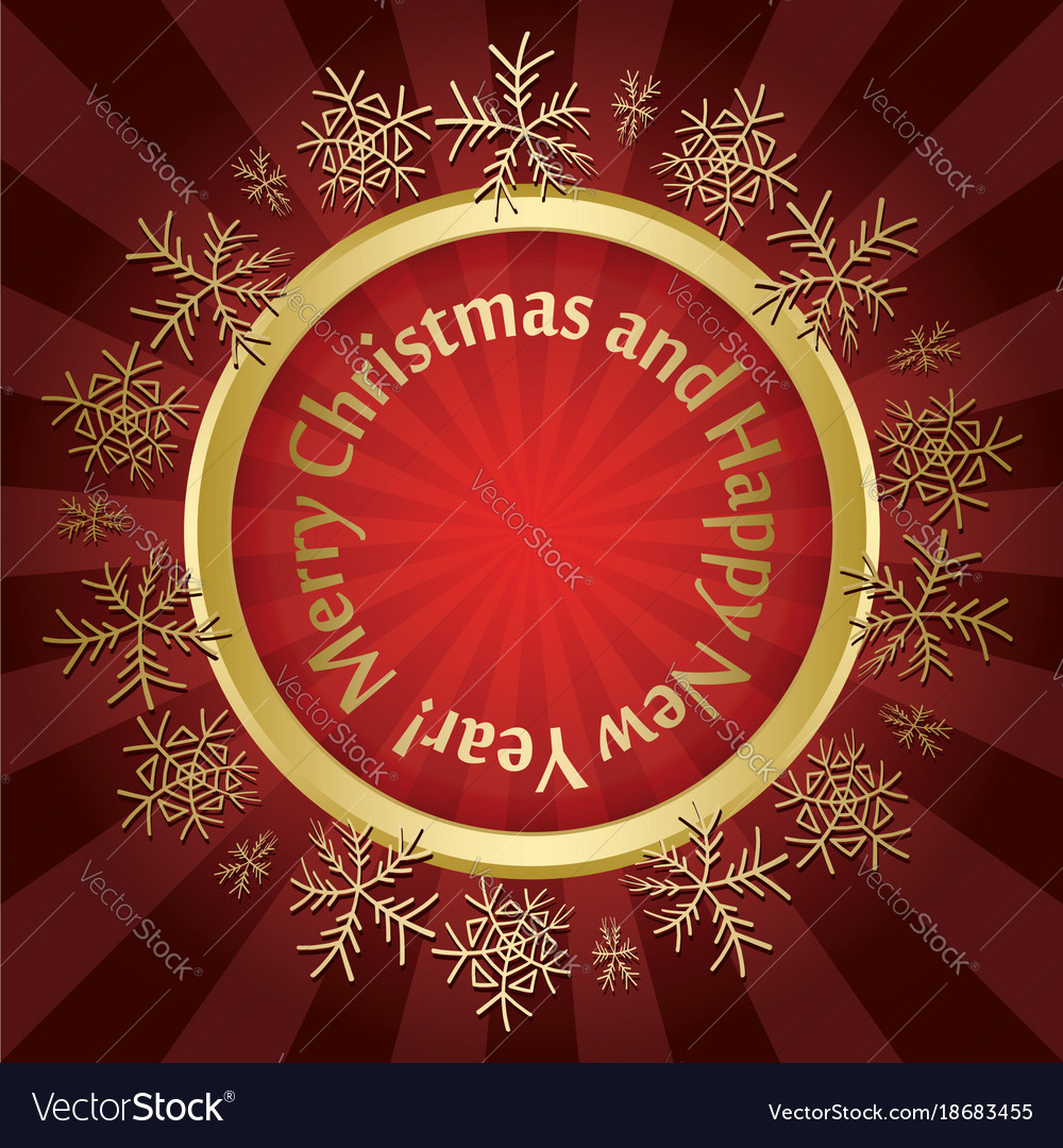 Red christmas card with round gold frame Vector Image