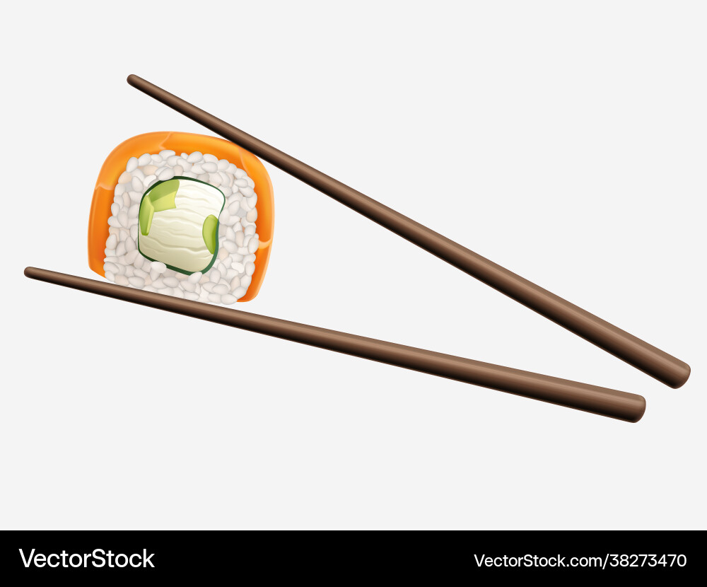 Chopsticks holding sushi roll isolated on white Vector Image