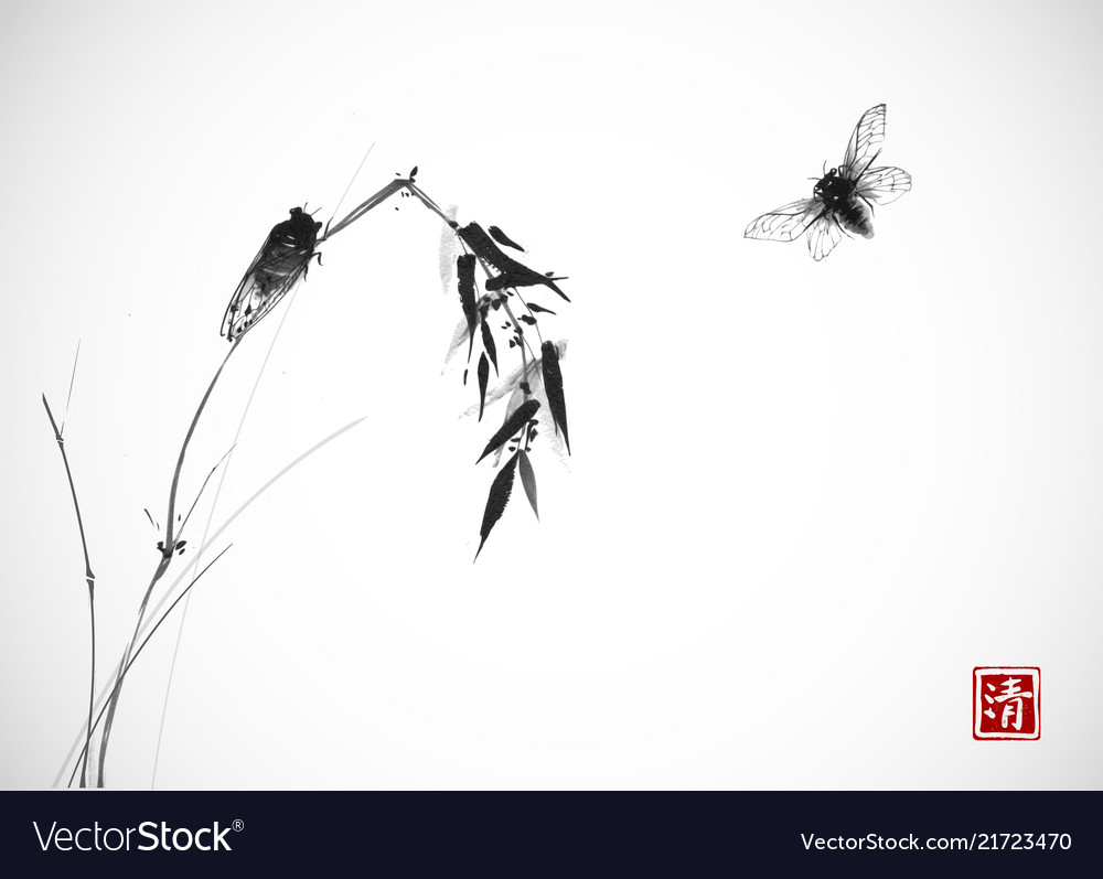 Two cicadas and bamboo branch traditional Vector Image