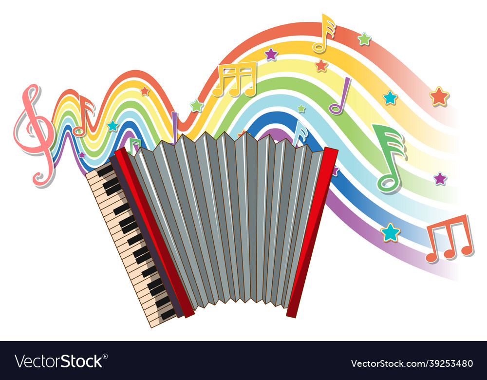 Accordion with melody symbols on rainbow wave