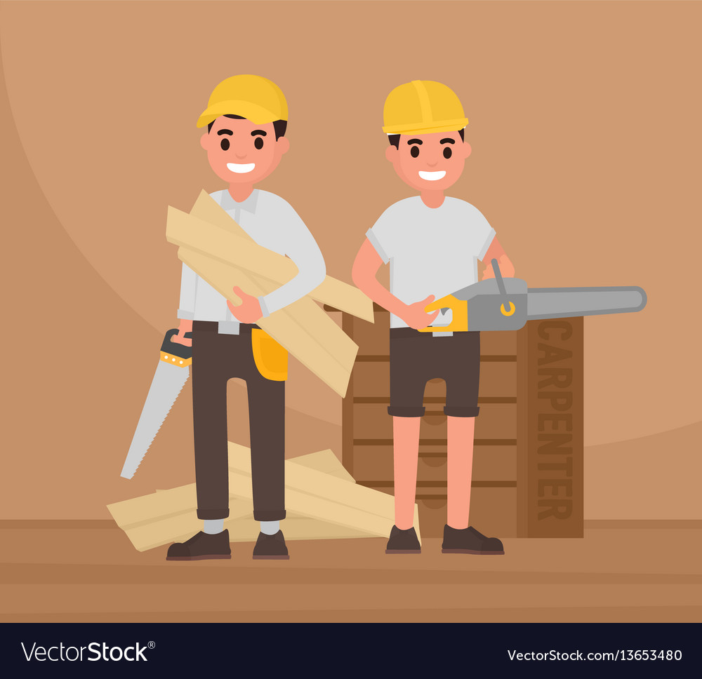 two happy carpenters stand with tools royalty free vector