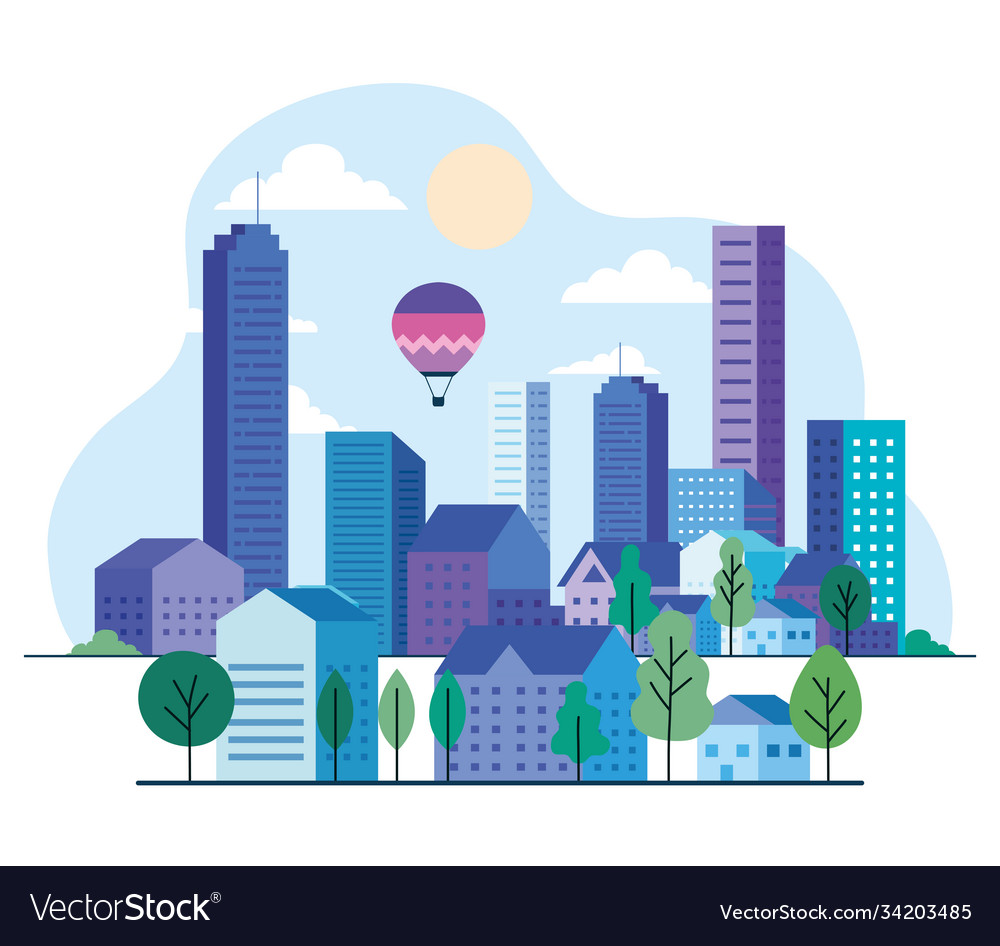 City landscape with buildings houses hot air