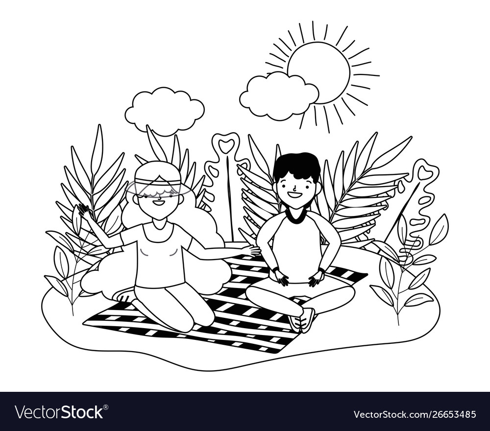 Couple woman and man having picnic design