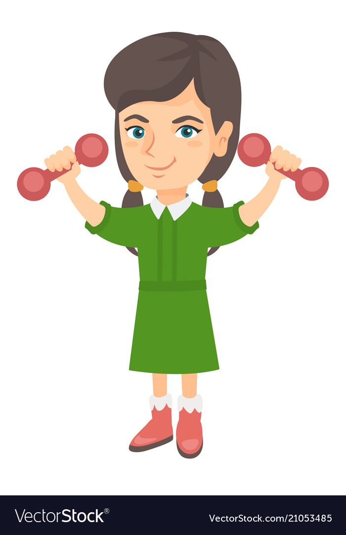 Little smiling caucasian girl holding dumbbells Vector Image