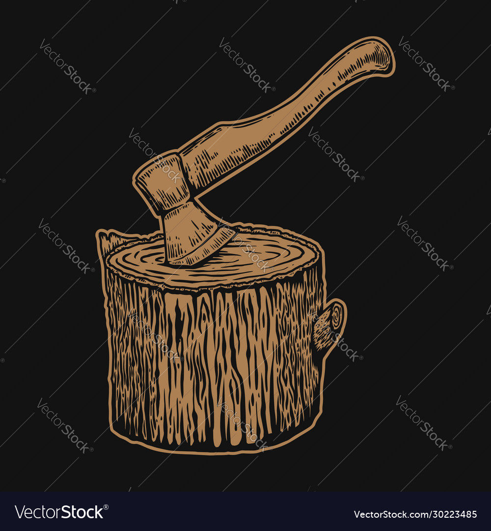 Lumberjack ax in a wooden deck in engraving style Vector Image