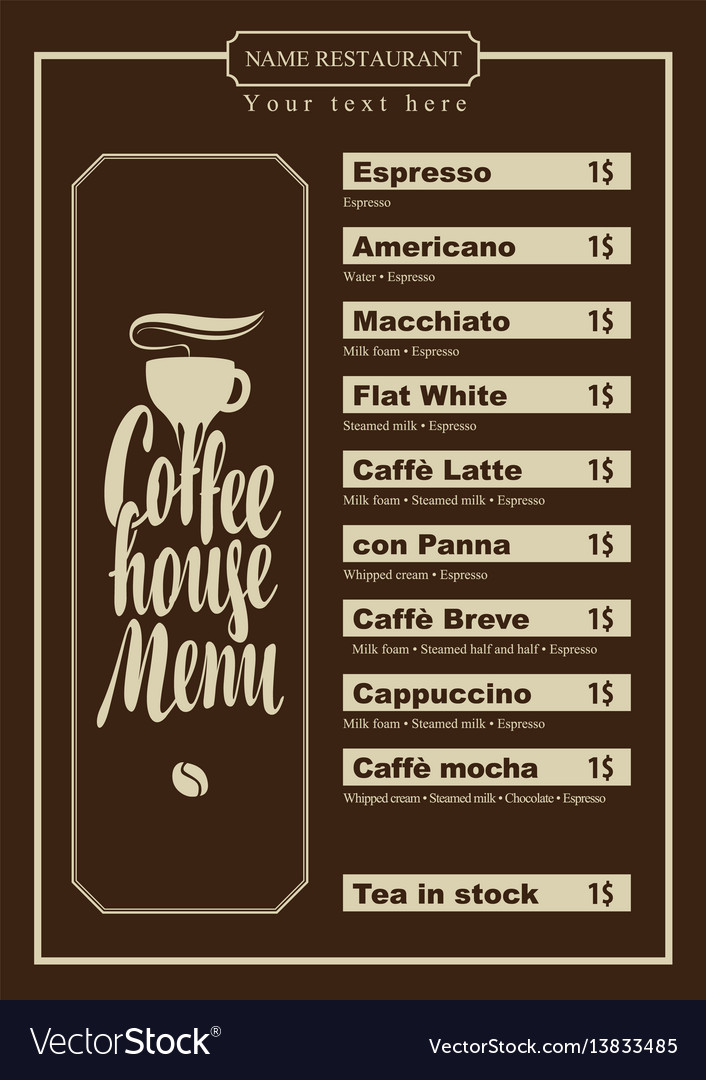 Menu with price list for the coffee house with cup