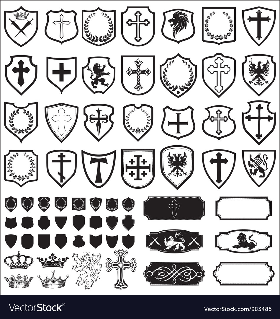 Shields and cross heraldy set Royalty Free Vector Image