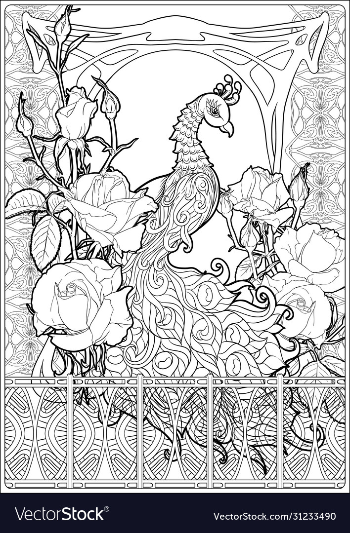 Poster with peacock and roses in art nouveau