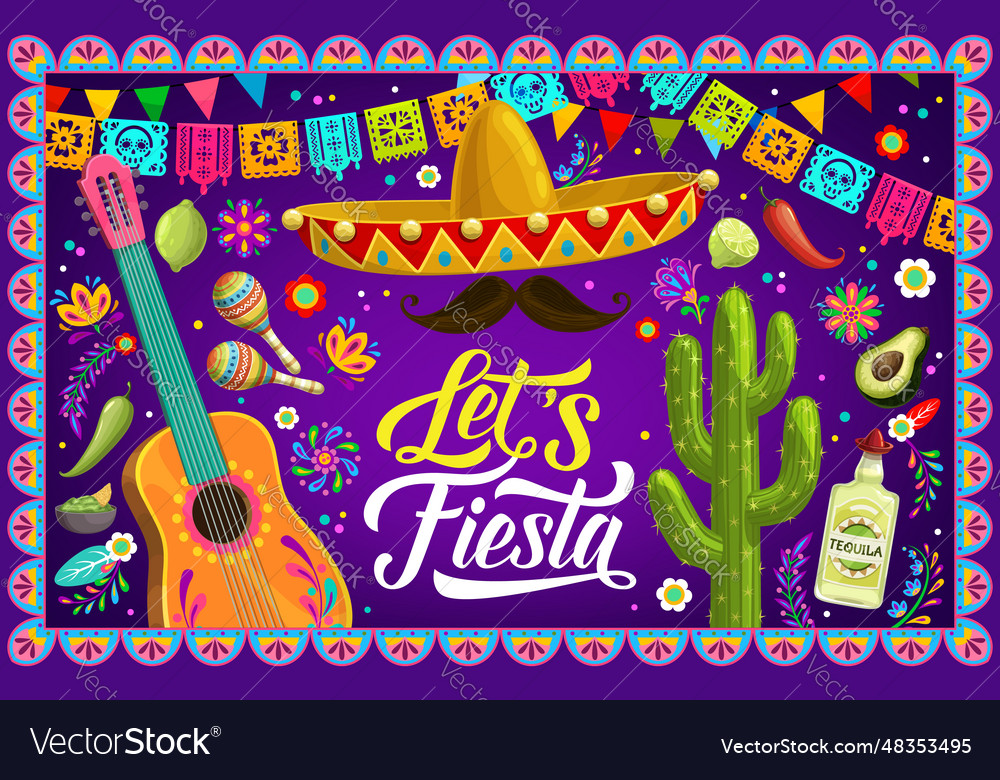 Mexican fiesta party banner with sombrero guitar Vector Image