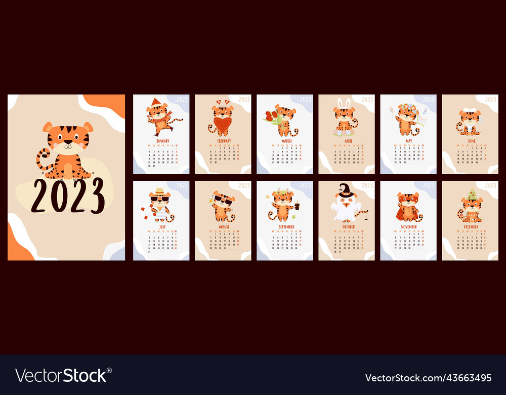 Monthly calendar for 2023 with cute tiger