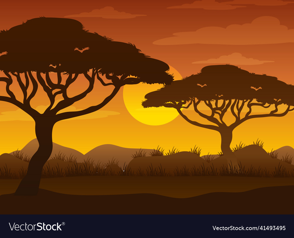 Silhouette savanna forest at sunset time Vector Image