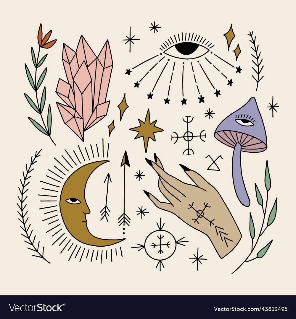 Witchcraft symbols celestial hands and mushrooms Vector Image