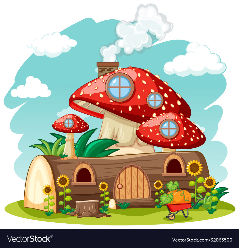 Timber mushroom house and in garden cartoon Vector Image