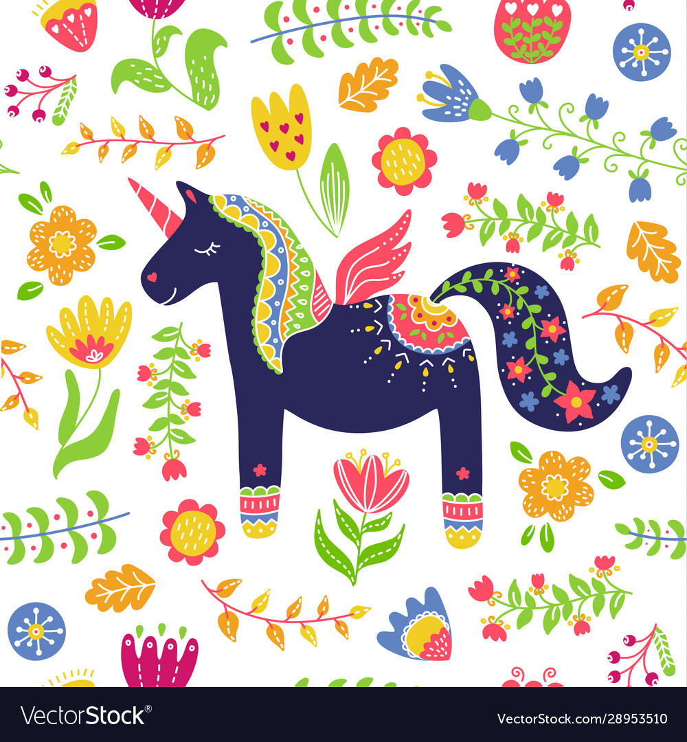 Cute unicorn floral background seamless pattern