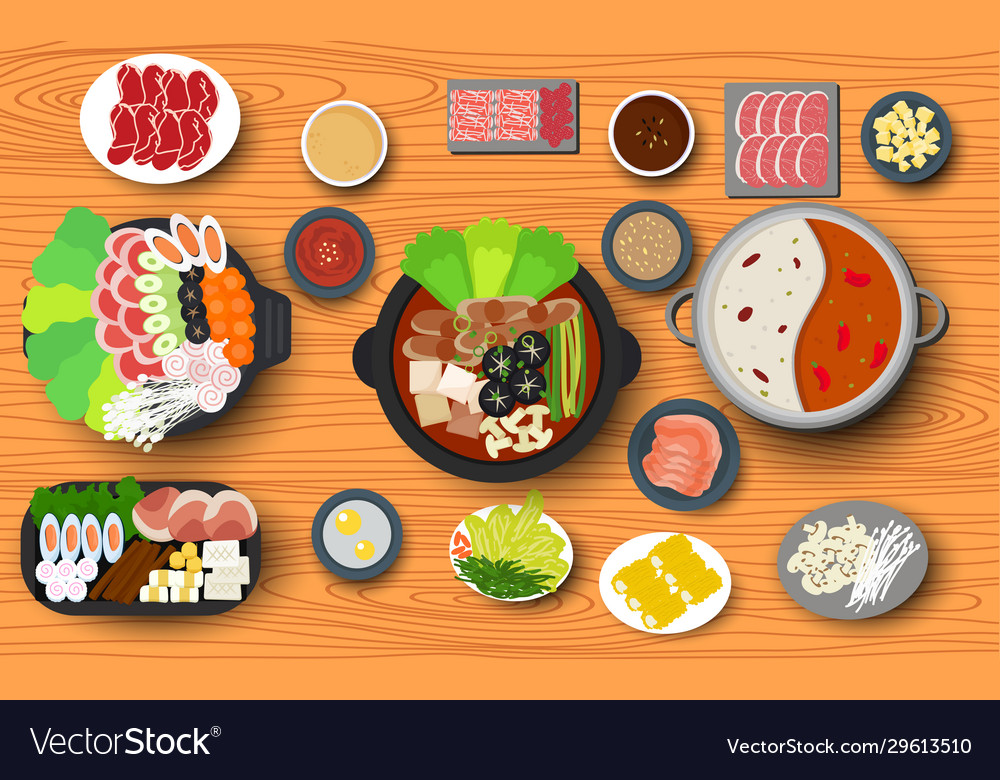 Hotpot and ingredient on wooden table Royalty Free Vector