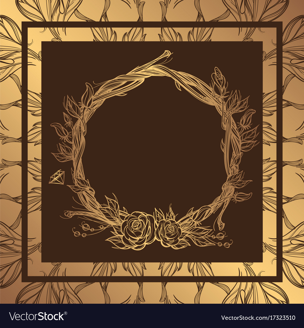 Round golden frame made of branches with roses