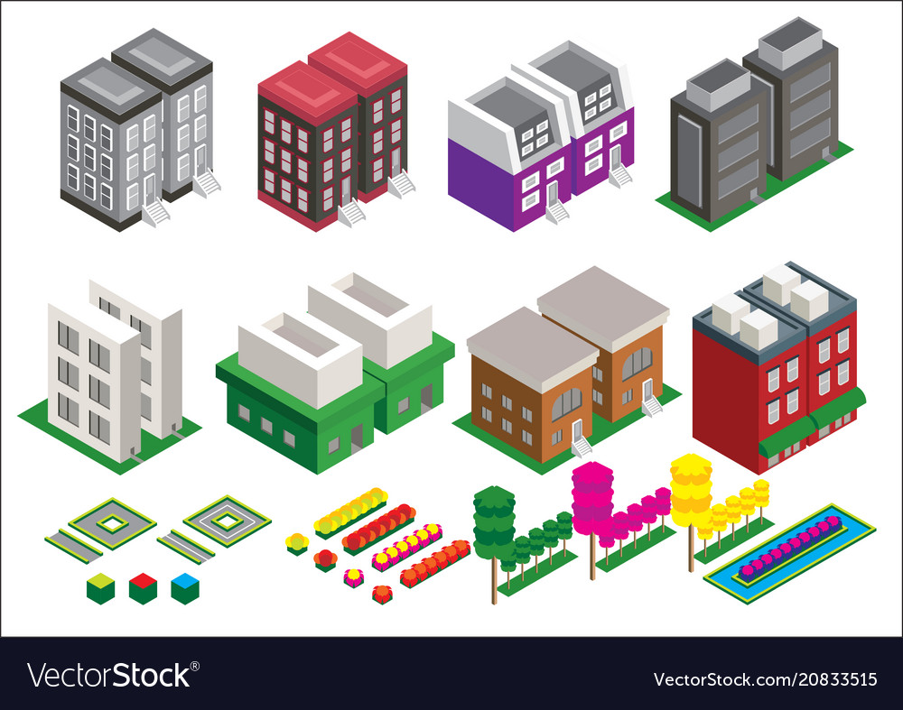 Set of the isometric elements skyscrapers park vector image Set of the isometric elements skyscrapers park